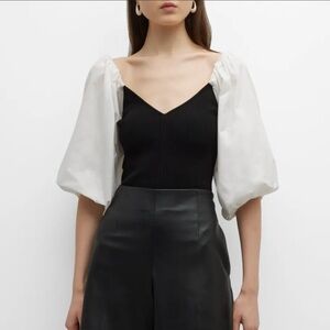 Tanya Taylor Misha Knit V-Neck Balloon Sleeve Blouse, Black and White Medium